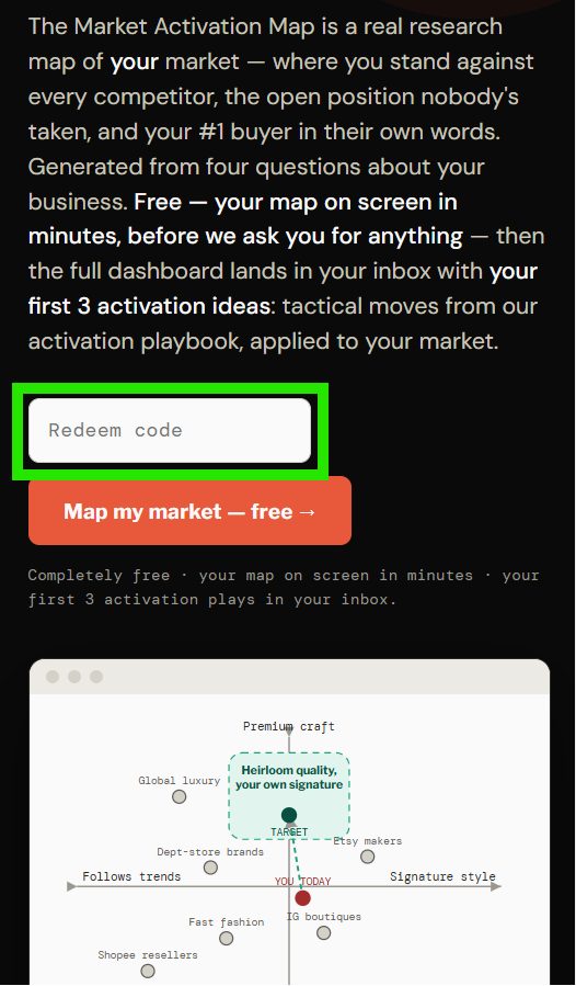 The landing page with a Brandfest redeem code keyed in, above the Map my market button