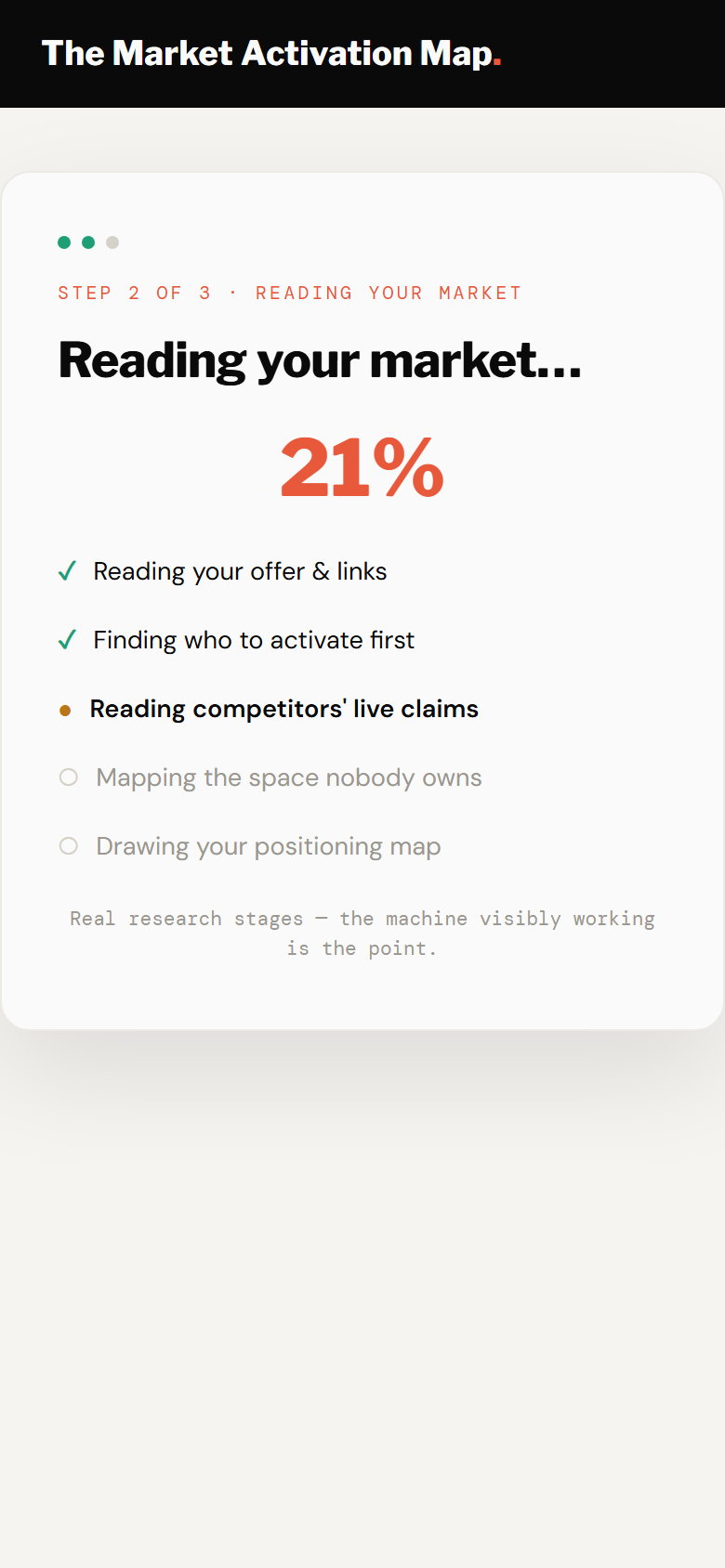 The reading-your-market screen with live research stages